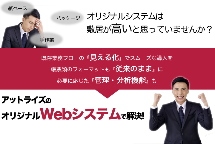 既存業務フローの見える化でスムーズな導入を、帳票類のフォーマットも従来のままに、必要に応じた管理・分析機能も、アットライズのオリジナルWebシステムで解決いたします。